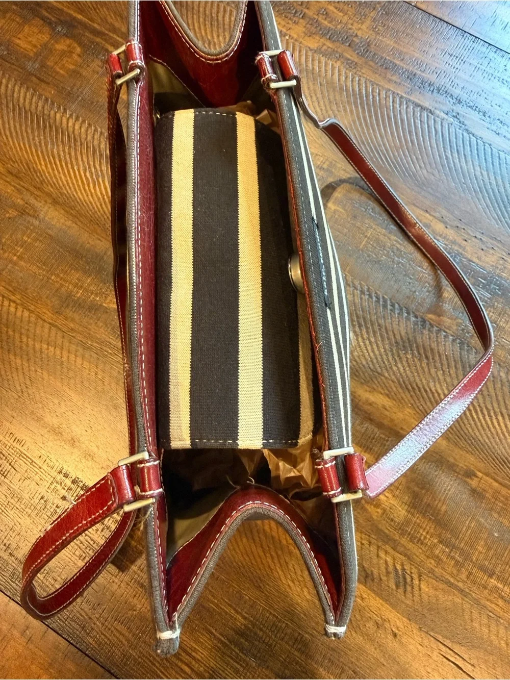 Vintage 90s Kate Spade Canvas Striped Tote Shoulder Bag Red Leather Trim